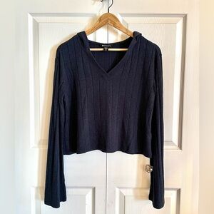 Athleta Navy/Black Heather Soft Ribbed V-Neck Oversized Bell Sleeve Hoodie XS